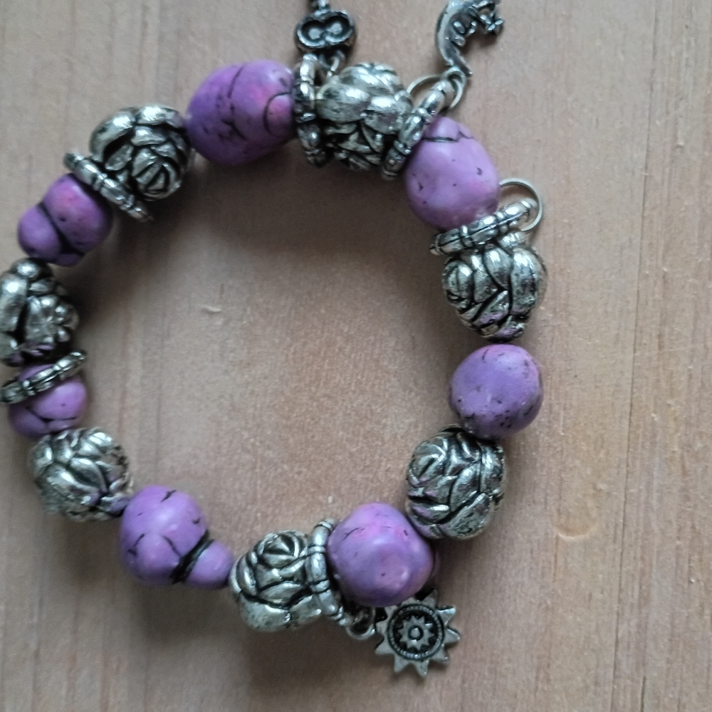 Purple Beaded Charm Bracelet - Floral Silver Accents